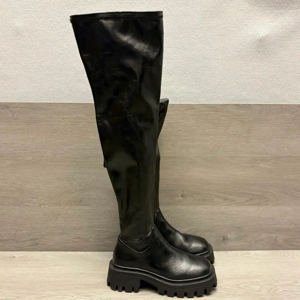 Urban Outfitters OTK Boots Culver Black Over The Knee Lug Sole Boots Size 7
